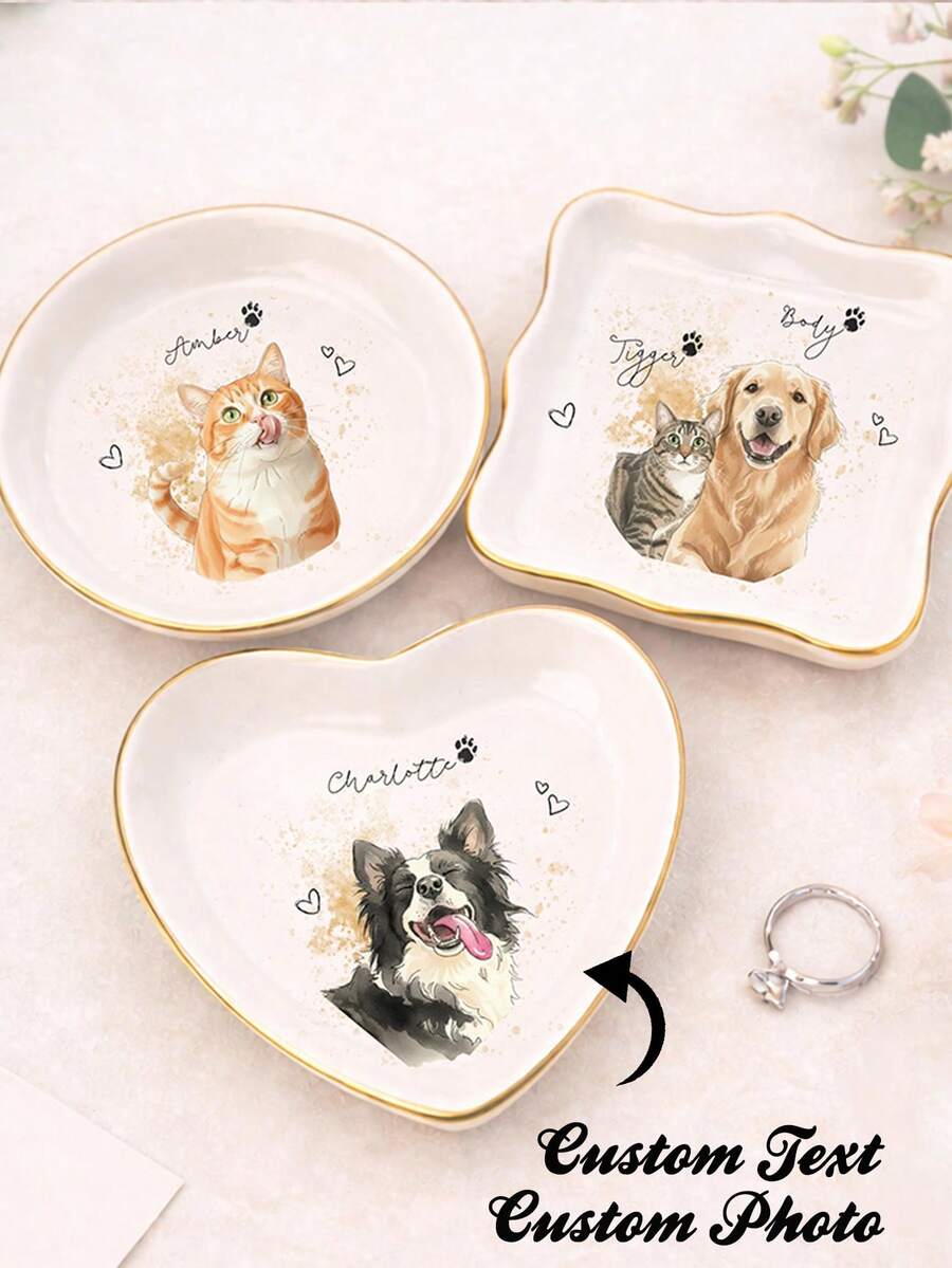 Custom Pet Photo Ring Tray L Size Personalized Watercolor Dog Portrait Ceramic Jewelry Storage Dish - Multicolor - View 1