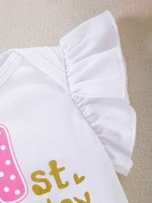 3pcs/Set Baby Girl 1st Birthday Outfit, Cartoon Letter Print Romper With Flare Sleeves, Colorful Skirt, Hair Accessory, Suitable For All Seasons - Multicolor - View 6