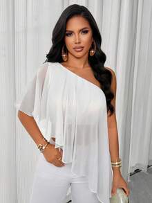 AIJ Top elegante de tela tejida blanca, diseño asimétrico sin mangas de un solo hombro, estilo de moda semi-transparente para verano - blanquecino - Ver 4