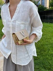 Bolso de hombro super mini minimalista con solapa de lentejuelas y cadena - Dorado - Ver 8