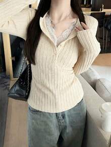 女款秋冬 2-in-1 針織底層上衣，甜辣風，貼身蕾絲內層短版上衣 - 杏色 - 查看 2