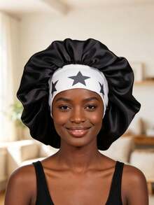 Star Print Wide Band Satin Bonnet For Sleeping - Soft Silk Nightcap Hair Wrap For Curly Hair, Hair Care Sleep Hat For Women - Large Single Layer - View 2