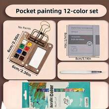 5pcs Mini Acrylic Paint Set, Portable Travel Watercolor Set, 8/15 Grid Palette, Clips, Sketchbook, Brushes, Includes 12 Colors, Wooden Grid Paint Box, Suitable For Painters, Artists - Sets - View 5