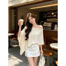 Summer Gentle Slouchy Asymmetrical Knit Sweater Solid Color Faux Two Pieces/Deconstructed T-Shirt For Evening Date, Daily Wear, Vacation - Light Yellow - View 2