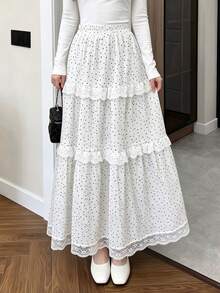 Women's Spring/Summer White Small Polka Dot Lace Trim Layered Cake Skirt, Gentle Style Commute & Travel Skirt - White - View 4