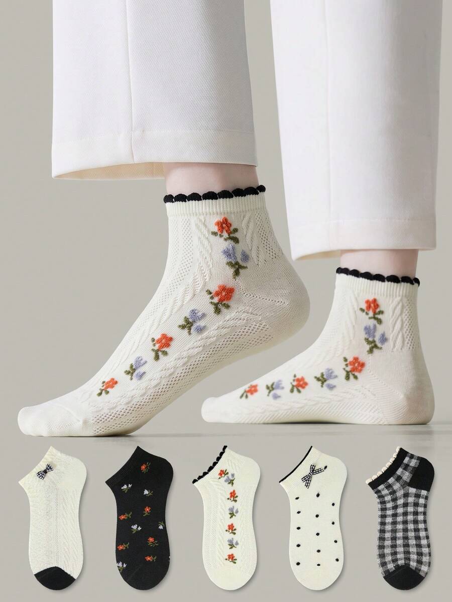 ZUJO 5 Pasang Kaos Kaki Pendek Wanita Hitam & Putih, Motif Polkadot & Bunga Kecil & Pita & Papan Catur, Cocok untuk Pemakaian Sehari-hari, Sederhana dengan Warna Acak - Hitam dan Putih - View 1