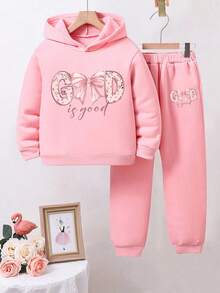 2pcs/Set Toddler Cartoon Print Warm Hoodie And Sweatpants Set - Pink - View 1