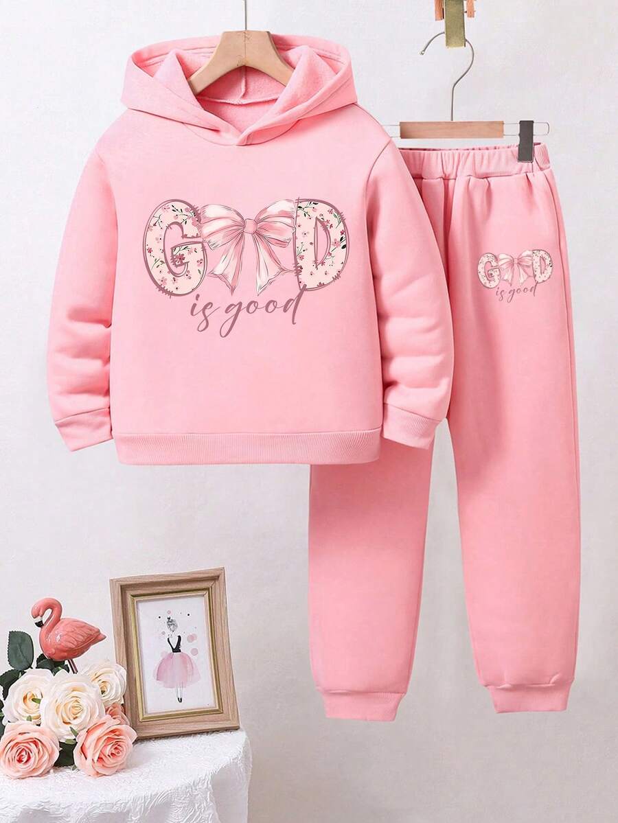 2pcs/Set Toddler Cartoon Print Warm Hoodie And Sweatpants Set - Pink - View 1