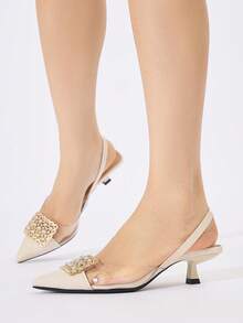 Women's Backless Slingback Stiletto Sandals With Rhinestone Square Buckle, Transparent PVC Embossed Patchwork Pointed Toe Kitten Heel Shoes, Beige Closed Toe Backless Shoes For Commute, Date, Party, Wedding, Bridesmaid - Beige - View 5