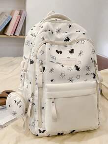 Designed Backpack Fresh Macaron Color Scheme School Bag For Female Students Korean Campus Style. Large Capacity Layered Design Can Easily Store Laptop, Textbooks And Daily Items, Front Pocket And Side Pocket Organized. Thoughtfully Includes Matching Printed Round Coin Purse, Perfect For School Commute, Weekend Outings Or Short Trips. No Pendant. - Multicolor - View 7