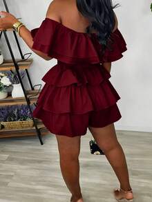 Summer New Plus Size Solid Color Ruffled Multi-Layered Tiered Cake Shorts Off-Shoulder Elegant Sexy Romper - Burgundy - View 3