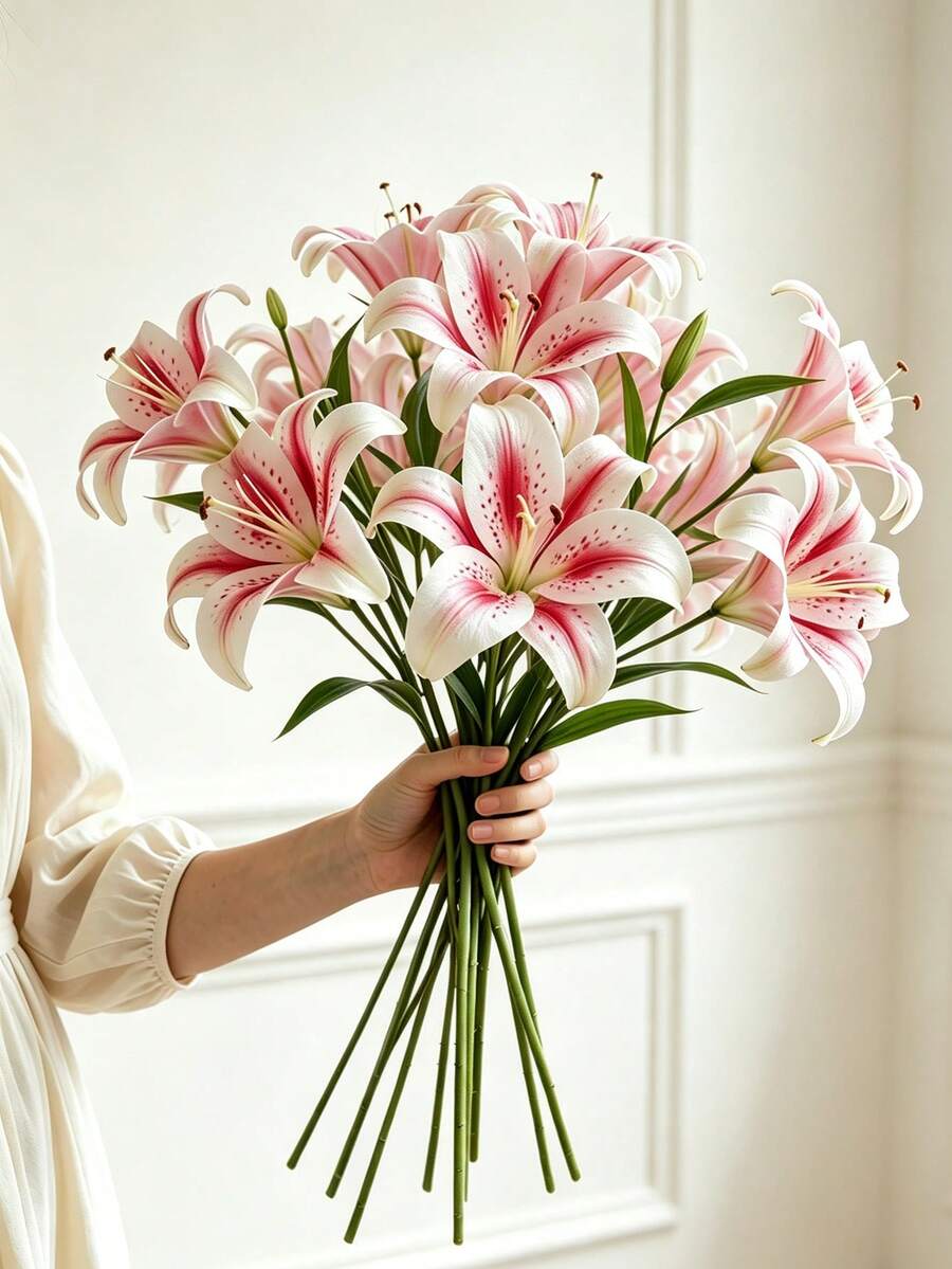 6件/3件/1件,12.99英吋/33公分,塑膠百合人造花,包含2朵花和1個果實,浪漫極簡粉色百合,適用於婚禮/居家/節日/派對/房間/客廳/桌面/秋季/窗台/戶外裝飾,新娘花束,人造花 - 粉色 - 查看 1