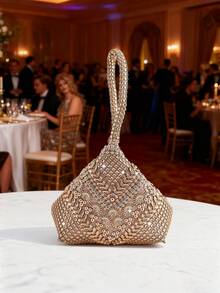 Mini Evening Bag With Rhinestone Decor, Asymmetrical Shape, Small Handbag For Party And Gathering, Lipstick Bag - Champagne - View 9
