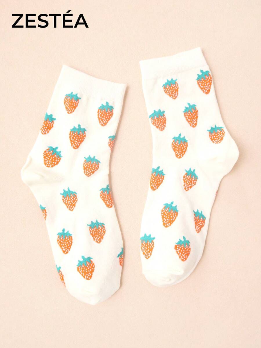 1 par de calcetines de media caña con estampado de fresas blancas, unisex, patrón de fruta lindo, calcetines de media caña de poliéster, transpirables y absorbentes de sudor, calcetines casuales novedosos - Multicolor - Ver 1