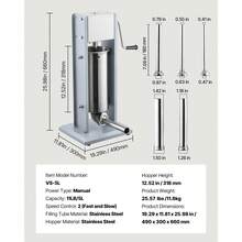 Embutidora Manual de Salchichas Capacidad de 5 L, Embutidora Vertical de Mesa de Acero Inoxidable con 5 Tubos de Relleno para Churros Salchichas para Hogar, Cocina, Restaurante, Supermercado - 5 litros - Ver 10