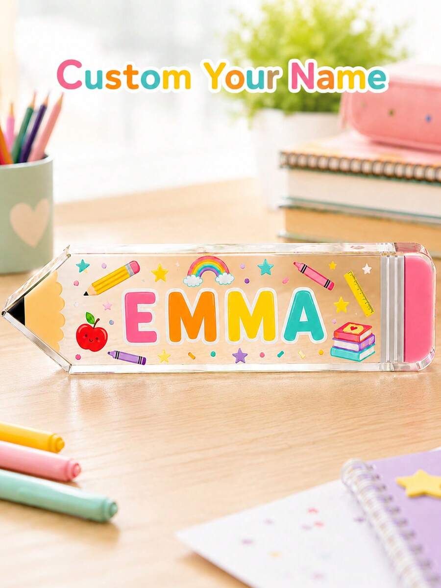 Customized Pencil-Shaped Acrylic Block, Printed With Name, Personalized Back-To-School Gift, Student Exclusive Desk Decor, Transparent Acrylic Nameplate, Classroom Supplies Decoration - Multicolor - View 1