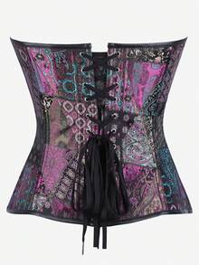 Gothic Patchwork Floral Jacquard Strapless Corset Black Faux Leather Panel Multi D Ring Decor Front Hook Waist Trainer Halloween Cosplay Party Shaper - Purple - View 3