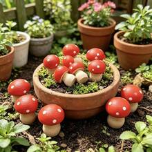 10pcs Garden Miniature Bonsai Accessories Wooden Red Mushroom Decor Suitable For Garden Decoration And Scene Arrangement - A - View 10