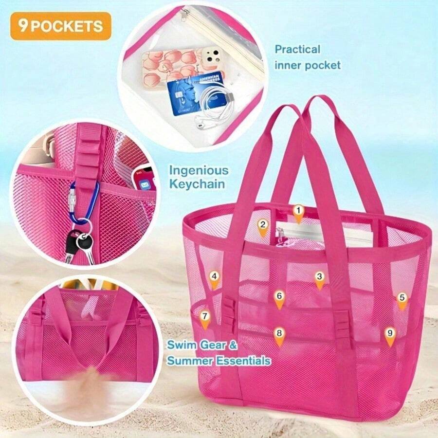 1pc Large Capacity Mesh Beach Bag, Sand-Proof Quick-Dry Multi-Pocket Beach Tote, Lightweight Foldable Swim Bag, Suitable For Family Vacation, Outdoor Travel, Pool Use, Toy Storage And Summer Essentials - Multicolor - View 1