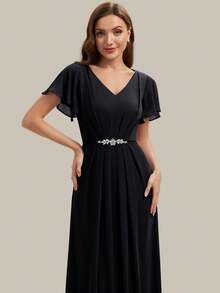 EVERPRETTY Women's Elegant Romantic V-Neck Short Sleeve Ruffle Sleeve Chiffon Evening Dress, Suitable For Spring/Summer Wedding, Formal Occasion, Graduation Party, Holiday, Birthday Party - Black - View 5