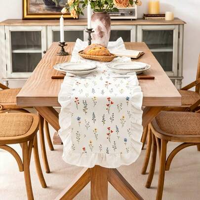 1/16PCS Fresh Floral Print Ruffle Edge Table Runner, Fresh Style, Coffee Table Cabinet Outdoor Holiday Decor Table Runner, Suitable For Living Room, Dining Room, Holiday Party, Family Gathering, Wedding Banquet, Birthday Table Decoration