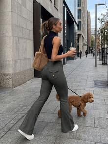 6pecil Khaki Style Flared Yoga Pants With Button Pockets, V-Waist Butt Lifting Flared Leg, Ruched Butt Sculpting Fitness Pants Sports - Grey - View 8