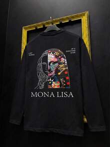 Patchwork Graffiti Mona Lisa Loose Long Sleeve T-Shirt Men Spring Autumn Black Art Painting Casual Base Layer - Black - View 8