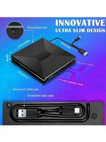 即插即用外接 DVD 燒錄機，高速 USB 3.0 傳輸，2A+2C 雙接口，內建 SD/TF 讀卡機，支援高畫質播放，配備變色 RGB 燈光，輕薄便攜 - 黑色 - View 8