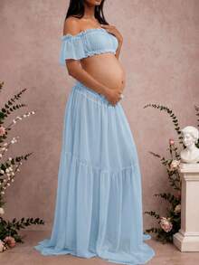 Maternity Sleeveless Ruched Dress, Chiffon Moderate Stretch Ruched Pleated Detail Front Slit Ruched Hem Maternity Photography Baby Shower Party Dress Spring - Baby Blue - View 4