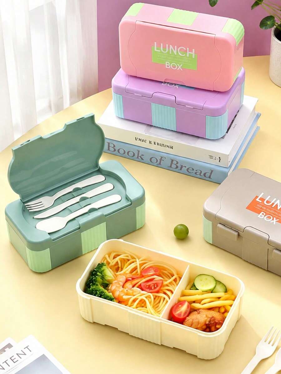 食品儲存盒 長方形便當盒套組（含餐刀、叉子、湯匙）可攜式餐具便當盒 創意彩色學生與上班族餐盒 微波爐可用食物容器