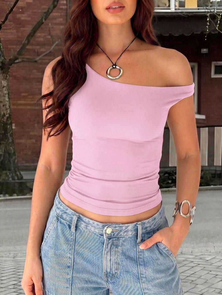 Top casual de manga corta con cuello asimétrico y plisado, unicolor rosa para verano - Rosa - Ver 1