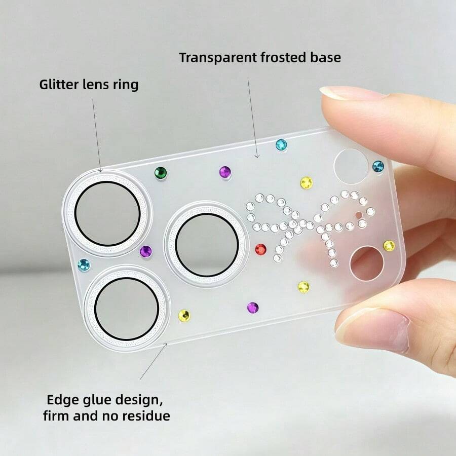 Protector de lente de cámara con patrón de lazo, accesorio de decoración de teléfono con cristales de strass de colores, película de lente de cobertura completa 3D, película de cámara antiarañazos 9H, compatible con iPhone 17 Pro/17 Pro Max, accesorio de cámara de teléfono brillante y de moda