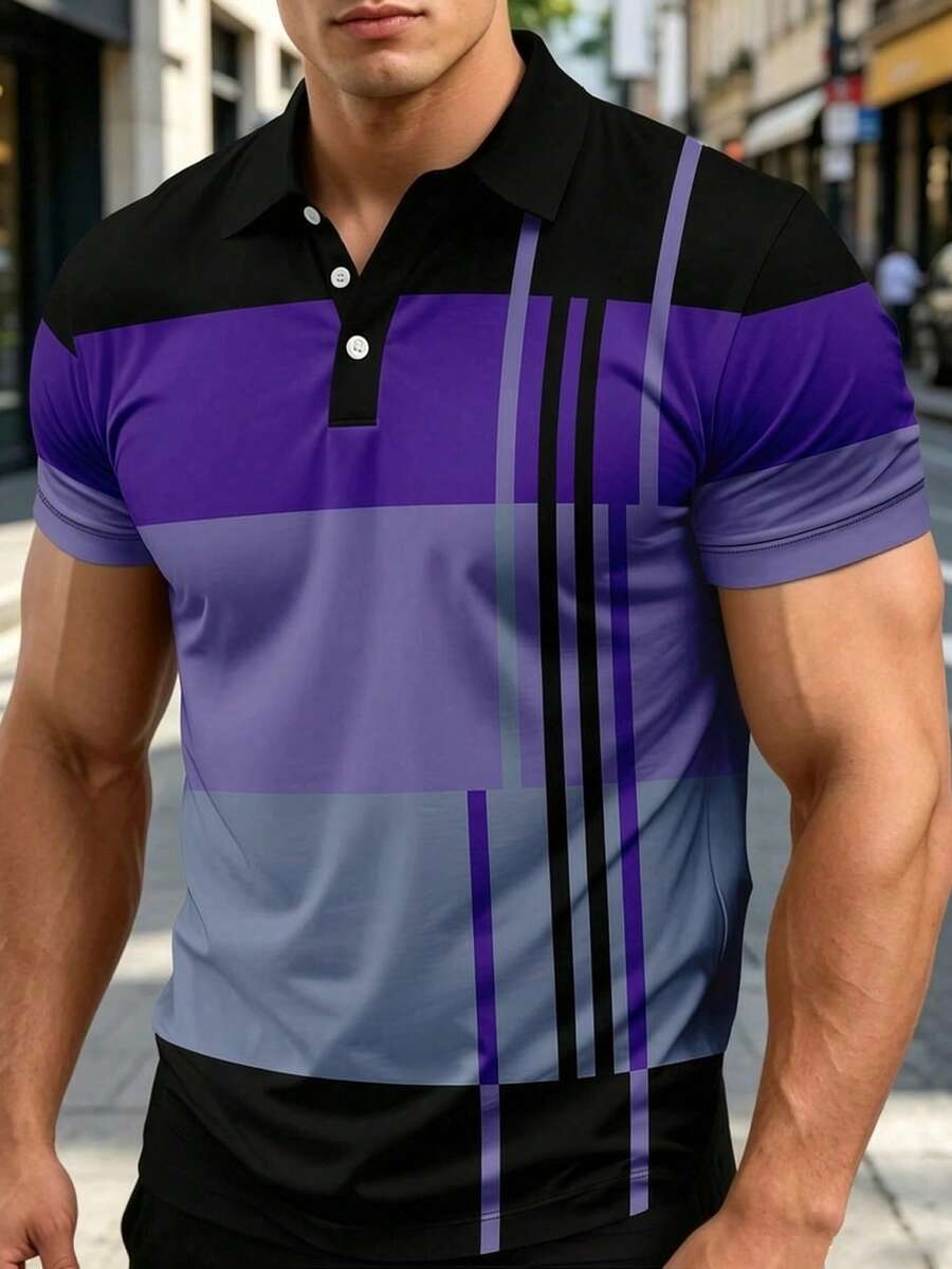 Plus Size Men's Contrast Color Patchwork Short Sleeve Casual Polo Shirt - Multicolor - View 1