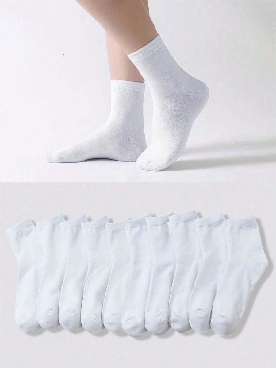 1/5/10/20 Pairs Women's/Men's Unisex Solid White Soft Comfortable Mid-Calf Socks, Suitable For Daily Wear, Outdoor Leisure Sports, Matching Loafers, Sneakers, All Seasons - White - View 1