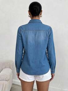 Denim Shirt – Long Sleeve, Button-Down Front, Classic Collar, Chest Flap Pockets, Casual Women's Top - 藍色 - 查看 2