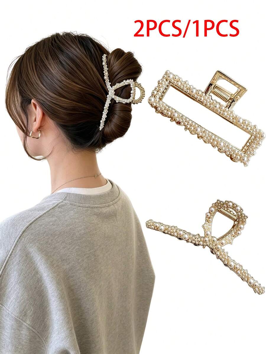 2pcs/1pc Elegant Metal Faux Pearl Square Cross Hair Claw Clip For Women, Back Of Head Daily Updo Hair Claw, Bathing Hair Tie, Half-Up Top Clip, Versatile High-End Hair Accessory For Outings, Parties, Travel, Photos, Home, Commute, Back To School, Holiday Gift - Multicolor - View 1