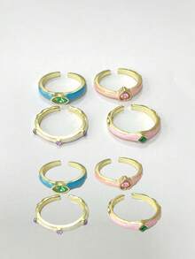 4pcs/Set Dopamine Retro Colorful Enamel Open Ring Set, French Elegant Stackable Rings, Fashion Personalized Jewelry Gift For Daily, Party, Holiday, Vacation, Unisex Accessory - Multicolor - View 5