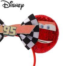 Disney Red Sequin Racing Tire Face Print Black & White Checkered #95 Bow Racing Cartoon Mickey Ears Headband - View 4
