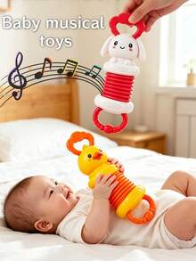 Soft Silicone Cartoon Duck Rabbit Accordion Baby Rattle Teether Toy, Stretchable And Foldable Sensory Musical Crib Toy With Crisp Bell Sound, Hand-Grip Chewable For Teething Relief, Montessori Early Education Fine Motor Skill Training Calming Soothing Toy, Lightweight Portable Travel And Tummy Time Play Toy, Ideal Gender-Neutral Baby Shower Registry Gift For Newborns, Toddlers, Boys And Girls Up To 18 Months - Multicolor - View 8