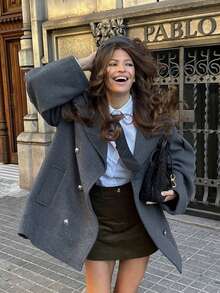 Elegant Women's Grey Coat, Regular Length Lapel Jacket, Women's Long Drop Shoulder Sleeve Outerwear, Double Button Pockets, Showcasing Fashionable Winter Style. - Grey - View 5