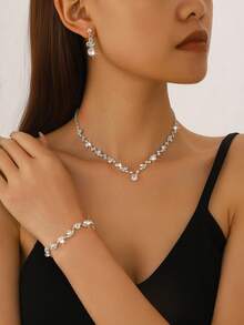 Gold Water Drop Rhinestone Women's Jewelry Set | V-Neck Necklace, Bracelet And Dangle Earrings Suitable For Weddings, Parties, Balls And Formal Occasions - Gold - View 5