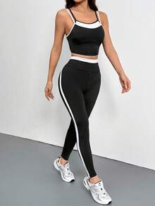 2pcs Women's Fashion Tight Top And Leggings Set, Perfect For Outdoor Casual Wear Or Sports - Black - View 4