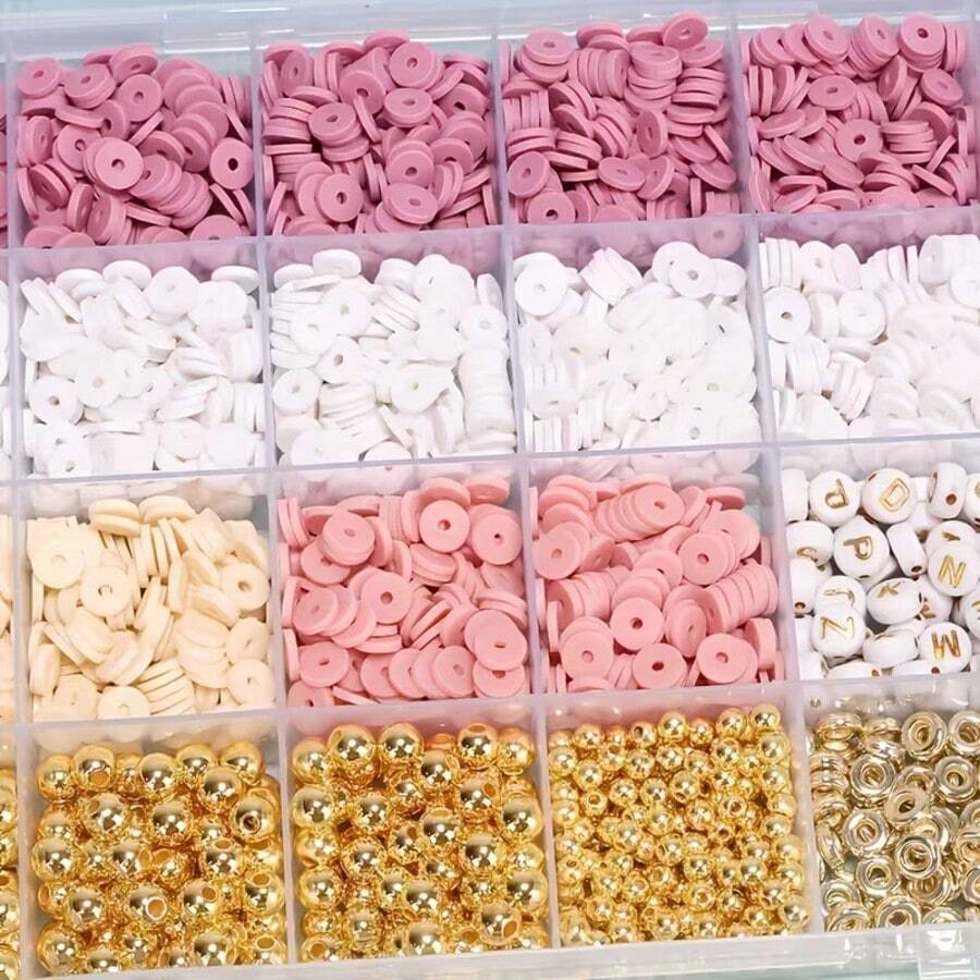 5760pcs Rose Pink & White Polymer Clay Beads, Small Perforated Clay Beads, DIY Friendship Bracelet Making, Creative Holiday Gift - Multicolor - View 1
