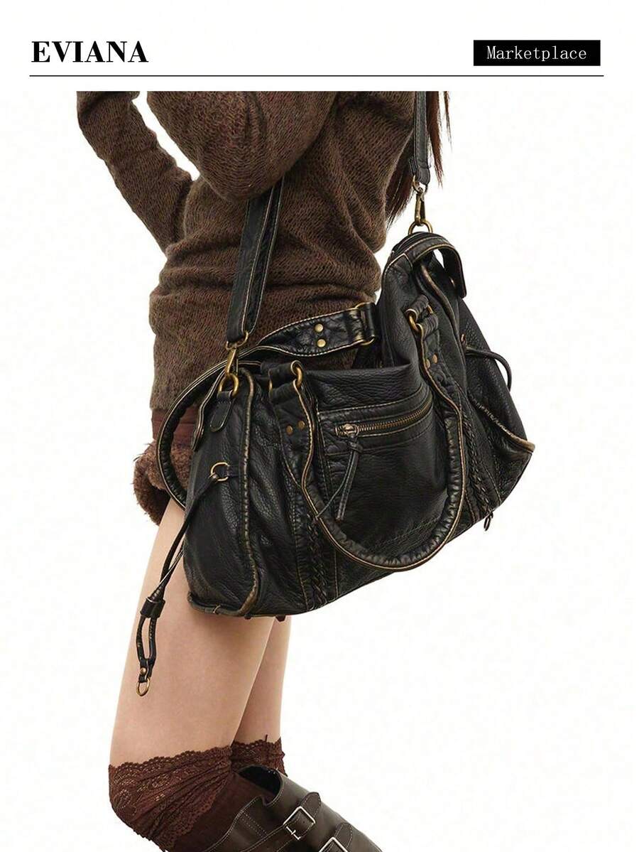 2026 New Y2K Spice Girl Retro Motorcycle Bag Joker Soft Leather Large Capacity Tote Shoulder Messenger Bag - 黑色 - 查看 1