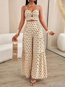 AIJ Women's Summer Vacation Knot Halter Top + Ruched Wide Leg Pants 2 Pieces Set Elegant - Apricot-colored Coffee Shop - View 6