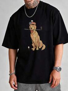 Casual Street Style, Men's T-Shirt, Funny Golden Retriever Golf Dog Graphic Print, Summer Daily Wear, 100% Cotton, Short-Sleeve Crew Neck T-Shirt. - Black - View 2