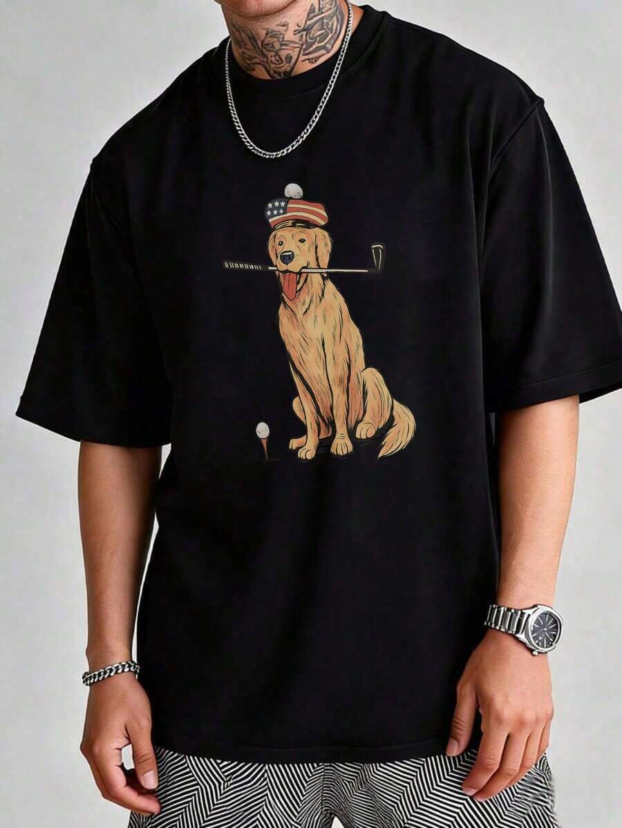 Casual Street Style, Men's T-Shirt, Funny Golden Retriever Golf Dog Graphic Print, Summer Daily Wear, 100% Cotton, Short-Sleeve Crew Neck T-Shirt.