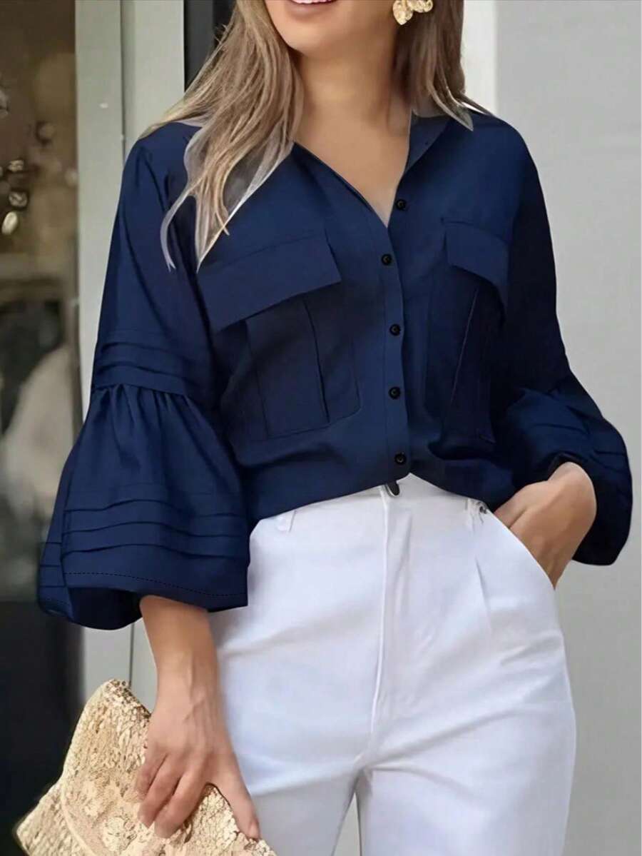 Women's Casual Elegant Commuter Solid Color Bell Sleeve Shirt - New Spring/Autumn Collection - Blue - View 1