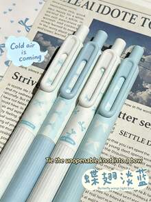 4pcs Wing Light Blue Bow Retractable Neutral Pens, 0.5mm ST Nib Smooth Writing Black Ink, Fresh Light Blue Highly, Back, First Day Of School - Multicolor - View 4