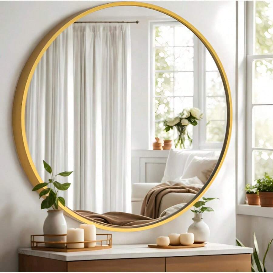 Specchio da parete rotondo con lente d'ingrandimento, cornice in alluminio nero e oro, riflesso nitido, diametro 40 cm. - Dorato - Visualizzare 1